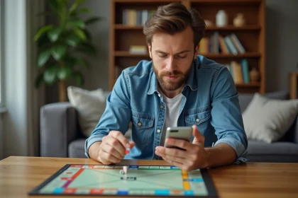 Homme concentré jouant à Monopoly Go à la maison