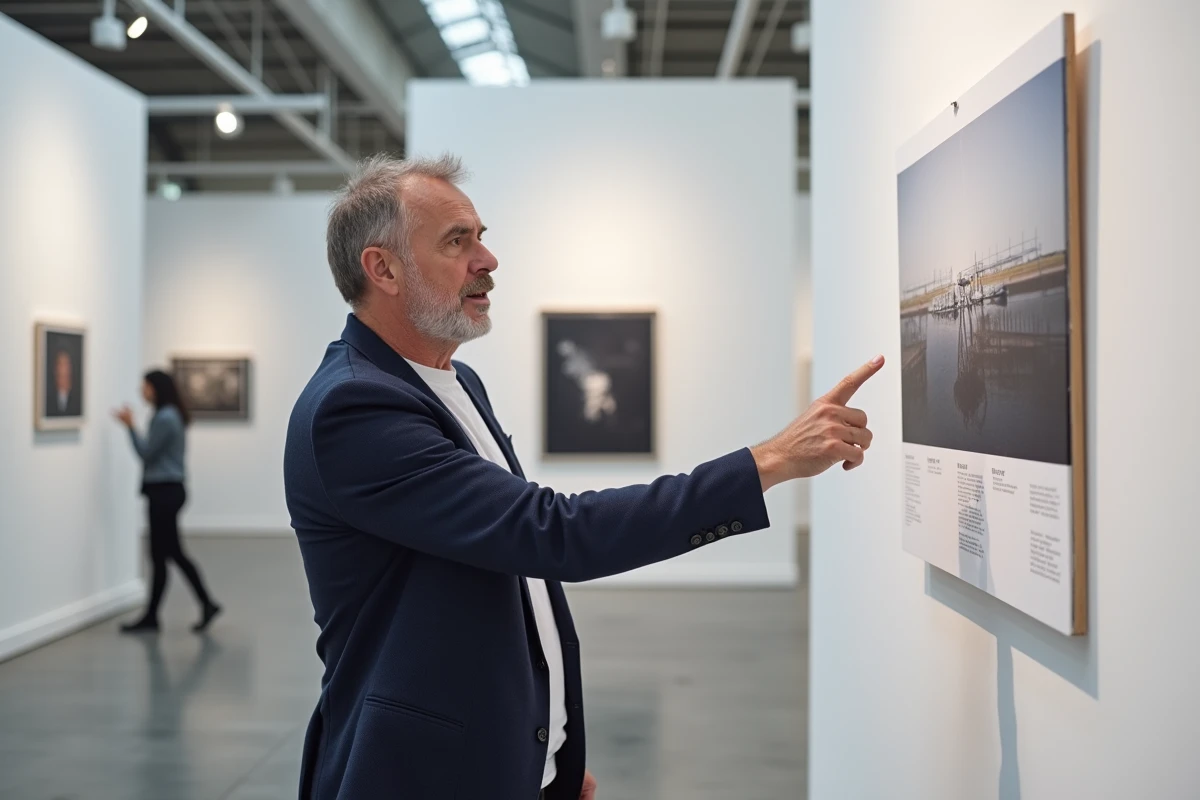 Homme pointant une légende photographique sous une œuvre dans une galerie d'exposition minimaliste