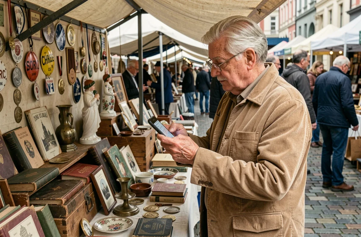 Homme senior comparant un objet de collection trouvé au marché aux puces avec des annonces Delcampe sur son smartphone