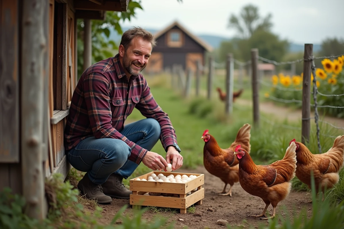 Homme récoltant des œufs dans une ferme rurale