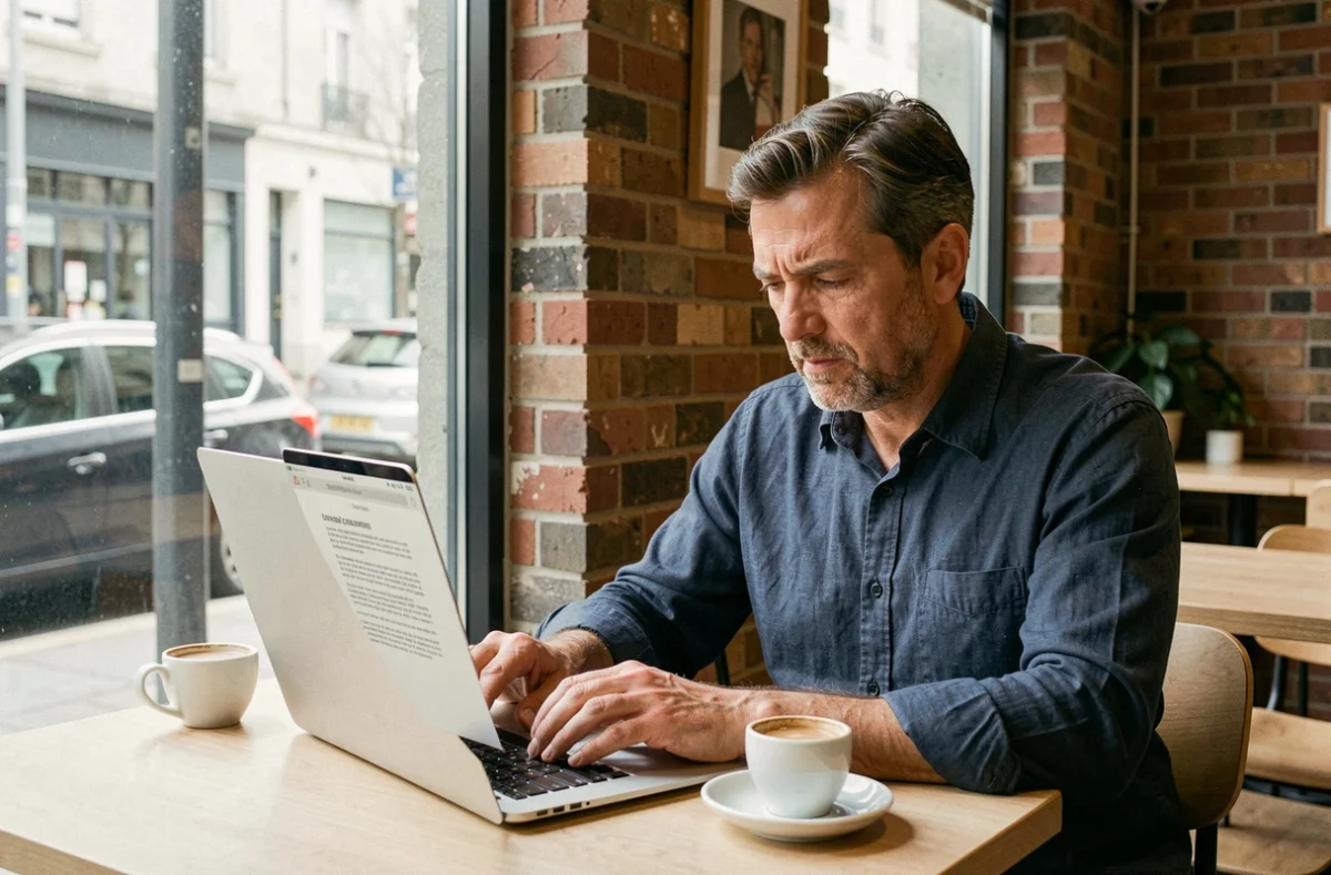 Homme concentré tapant sur un ordinateur portable dans un café, cherchant la bonne conjugaison entre je serai et je serais en français
