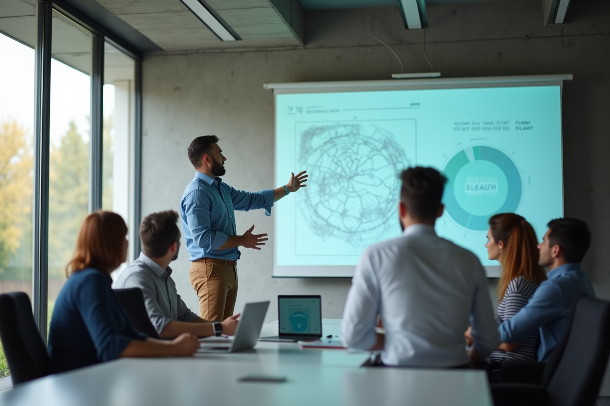 Homme en réunion expliquant une carte digitale à ses collègues