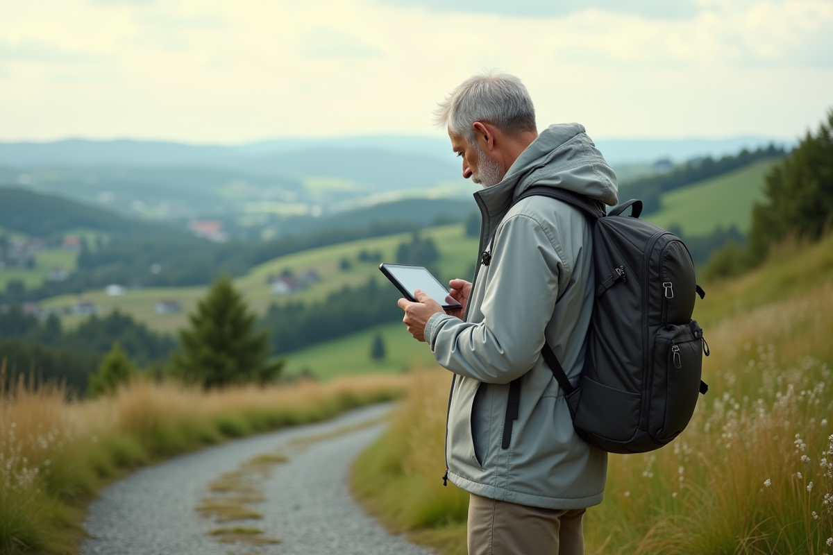Homme en randonnée avec tablette dans un paysage rural