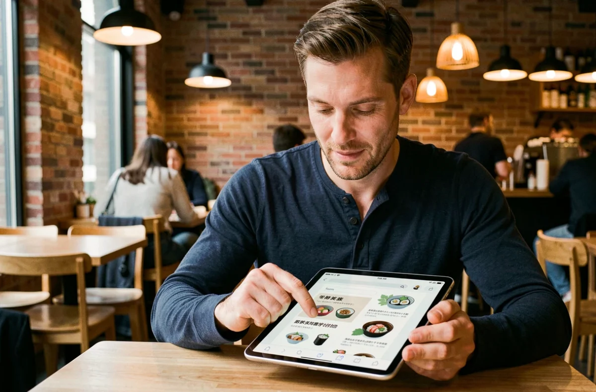 Homme en café utilisant une tablette pour rechercher et enregistrer des favoris sur un site de scan sushi japonais