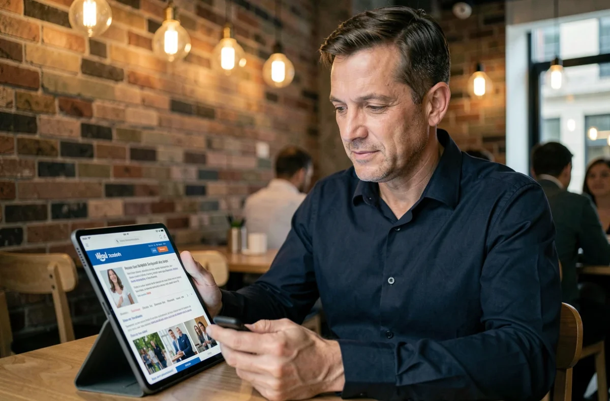 Homme lisant un site d'informations sur une tablette dans un café urbain moderne