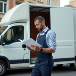 Homme vérifiant documents à côté d'une camionnette blanche