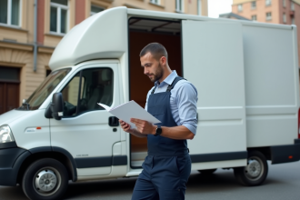 Homme vérifiant documents à côté d'une camionnette blanche