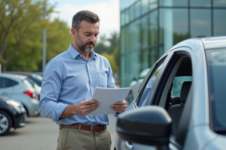 Homme d'âge moyen inspectant une voiture d'occasion en concession