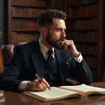Homme pensif en costume victorien dans une bibliothèque ancienne