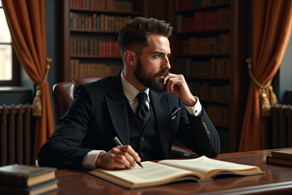 Homme pensif en costume victorien dans une bibliothèque ancienne