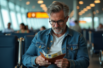 Homme d'âge moyen comptant des euros dans un aéroport