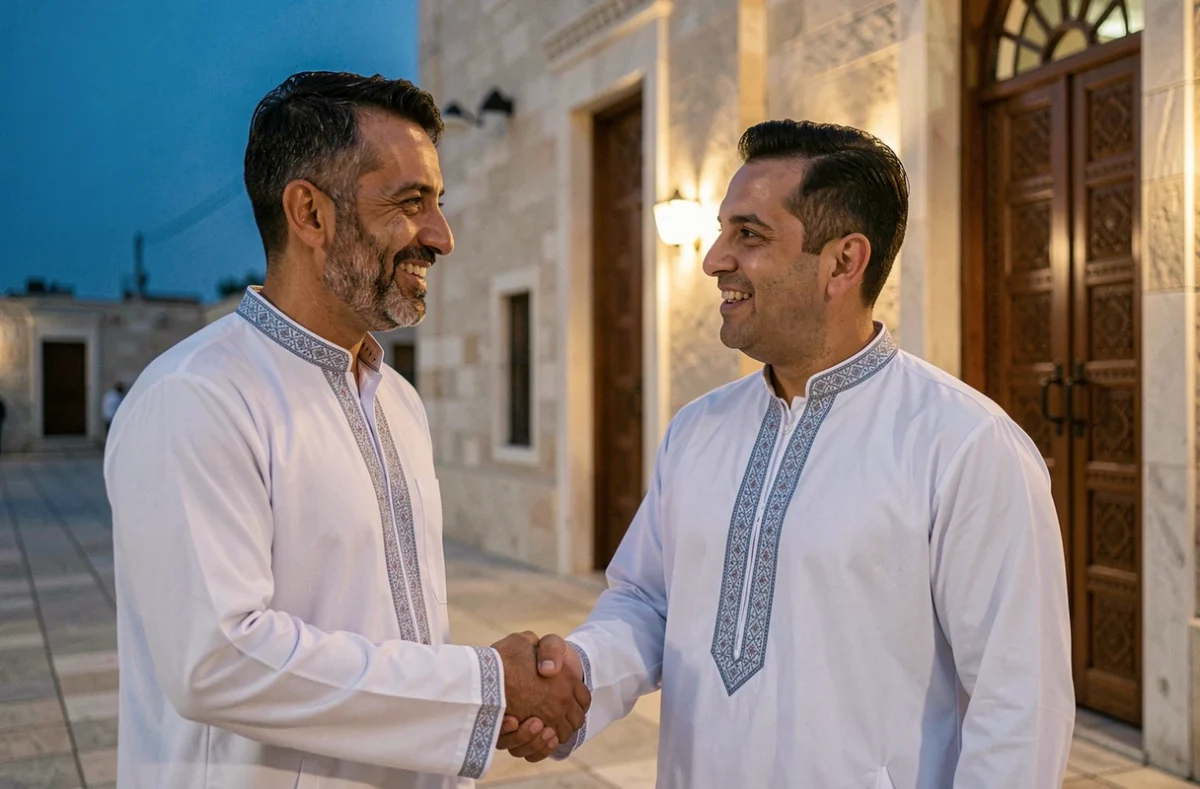 Deux hommes algériens échangeant des salutations traditionnelles devant une mosquée après la prière du Ramadan