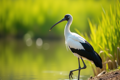 Ibis sacré dans son habitat naturel au bord d’un étang