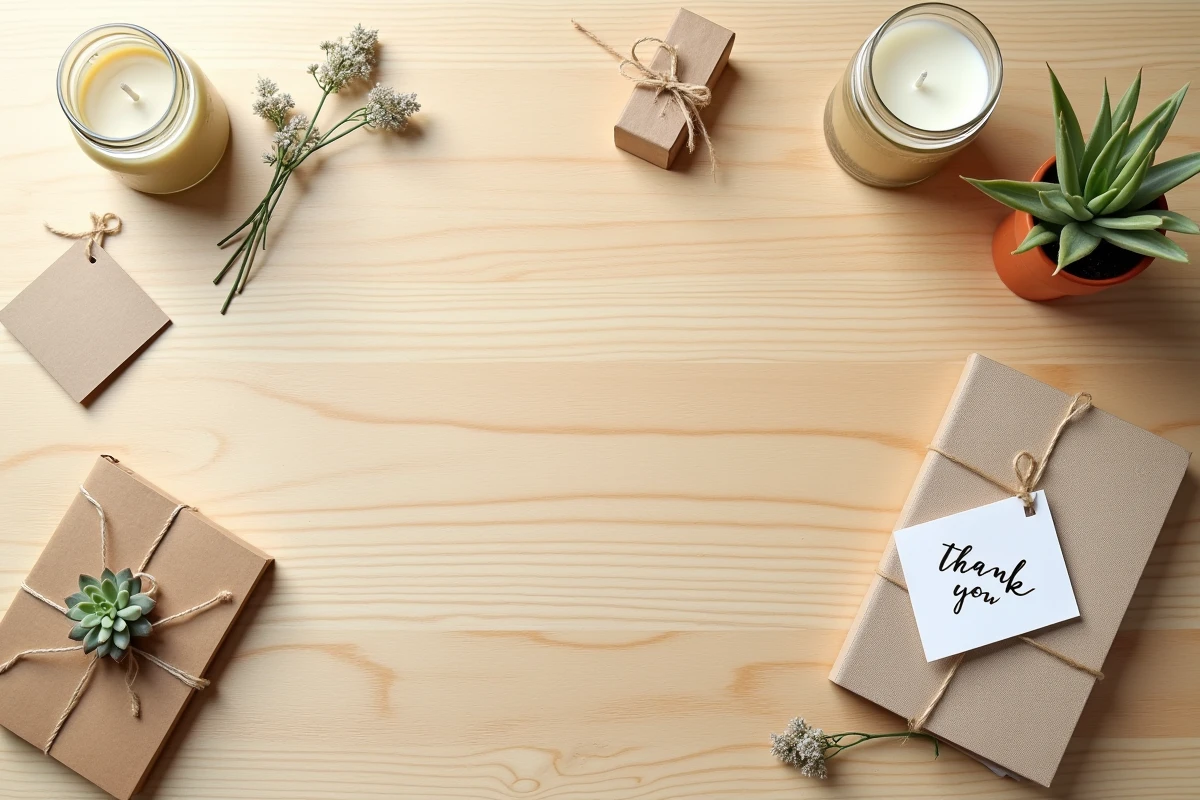 Flat lay de petits cadeaux à moins de 5 euros pour maîtresse, nounou ou ATSEM sur une table en bois clair