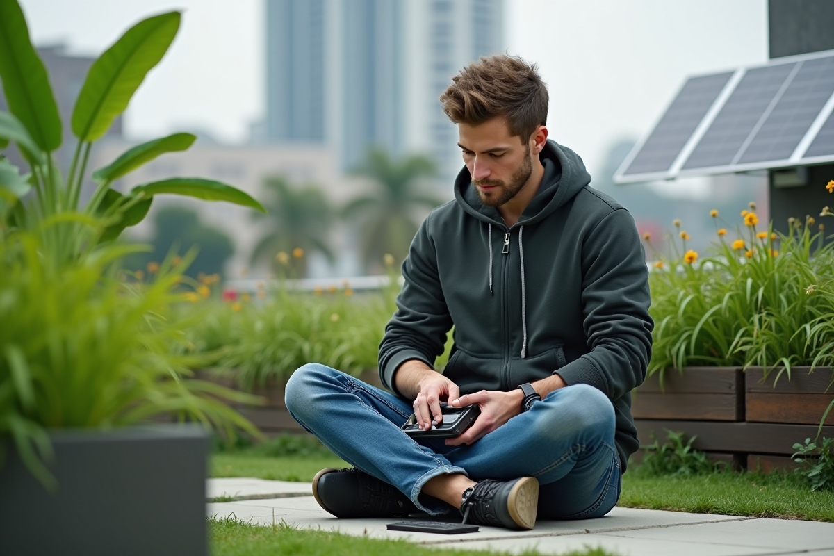 Ingénieur assemblant une batterie dans un jardin urbain
