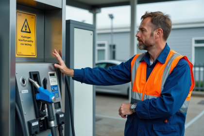 Ingénieur en extérieur près d'une station hydrogène