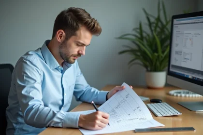 Ingénieur consultant un tableau de conversion de mètres cubes imprimé sur un bureau de bureau moderne