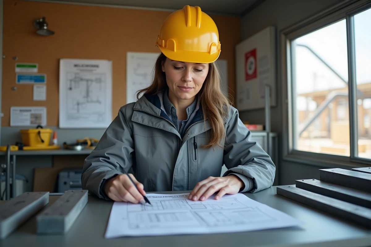 Ingénieure étudiant les caractéristiques techniques de cornières en L acier soudable sur un chantier de construction