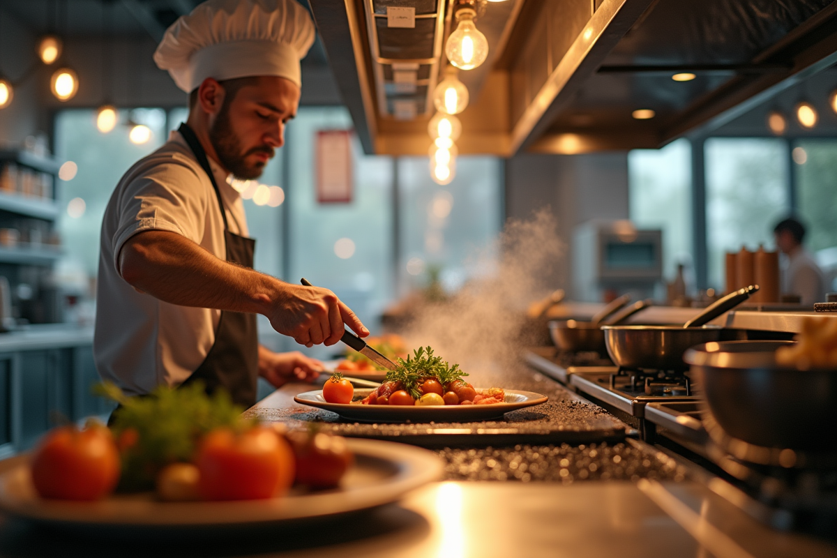 Jeune chef préparant un plat gastronomique dans une cuisine animée