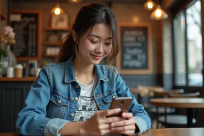 Jeune femme lisant manga sur smartphone dans un café parisien