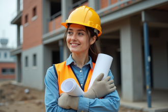 Jeune femme avec casque jaune et plans architecturaux sur un chantier