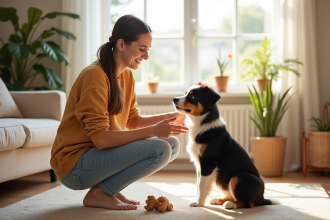 Jeune femme entraînant un chiot Australian Shepherd dans un salon lumineux