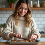 Femme souriante coupe des barres de granola maison dans la cuisine