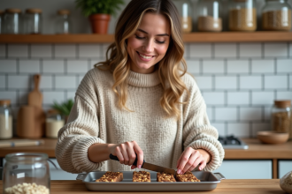 Femme souriante coupe des barres de granola maison dans la cuisine