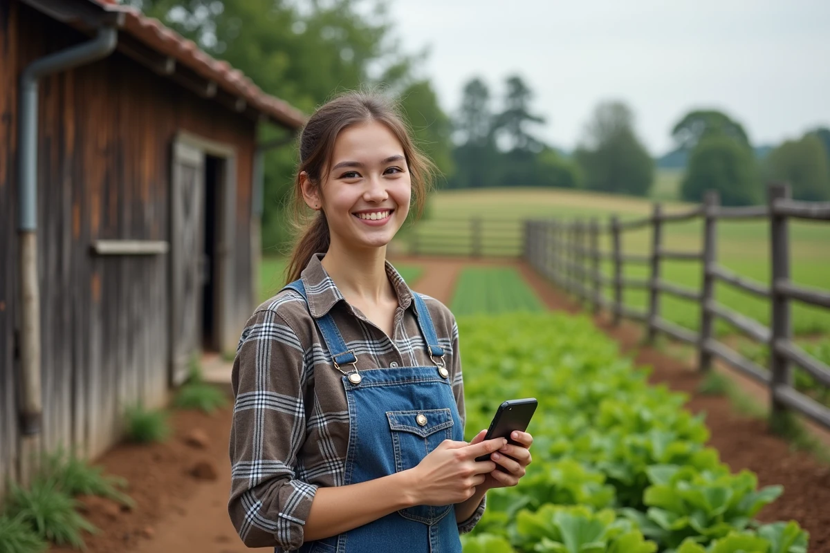 Jeune femme en overalls denim dans un jardin de ferme