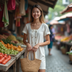 Jeune femme au marché en Asie du Sud-Est avec sac tissé