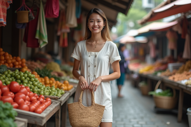 Jeune femme au marché en Asie du Sud-Est avec sac tissé