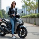 Jeune femme avec moto en ville dans un parking urbain