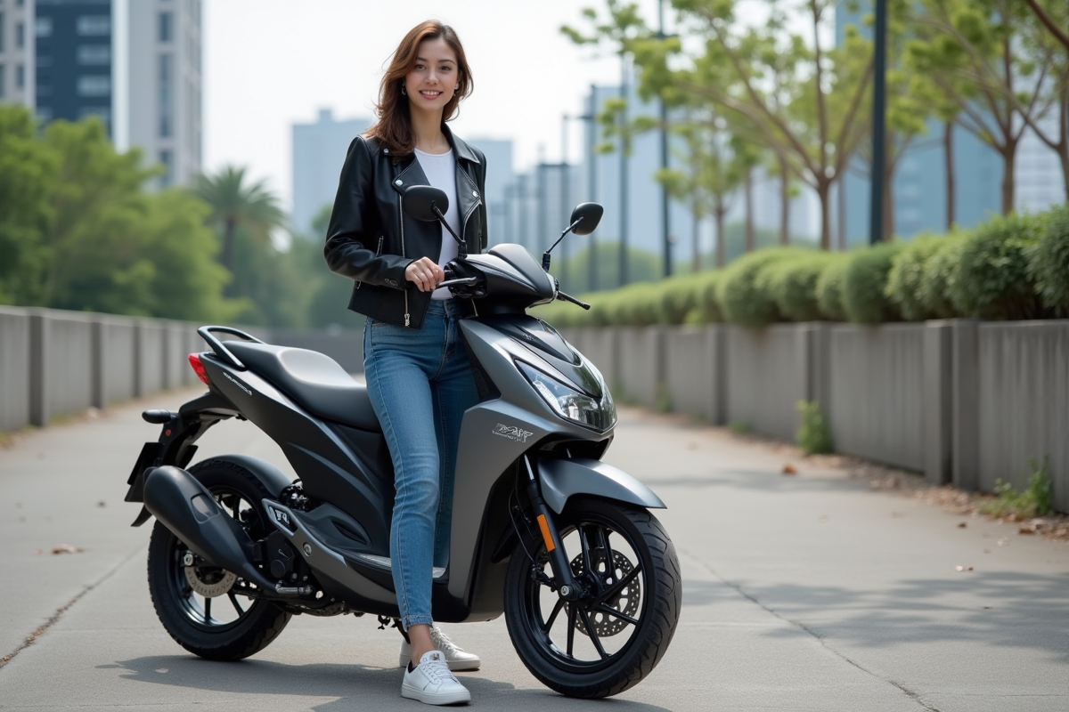 Jeune femme avec moto en ville dans un parking urbain