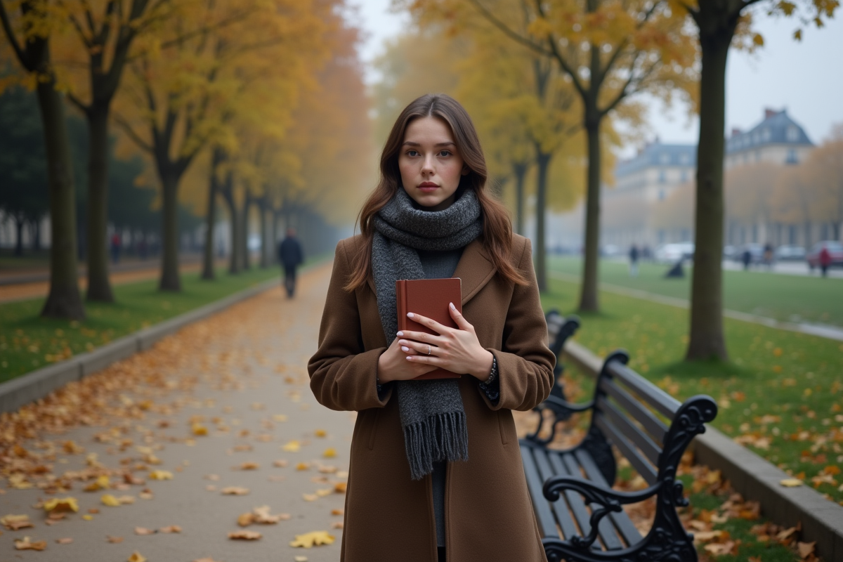 Jeune femme dans un parc parisien avec un livre de Baudelaire