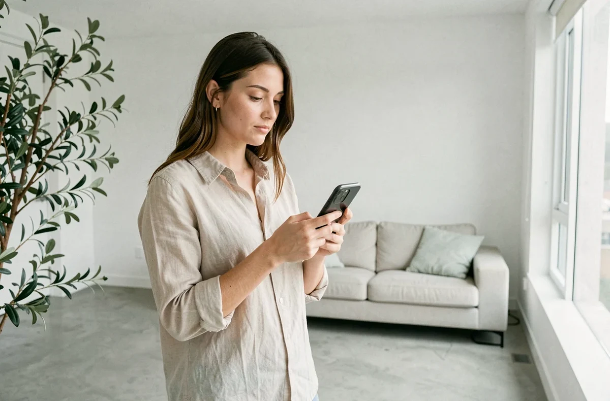 Jeune femme consultant un agrégateur d'actualités sur smartphone dans un appartement minimaliste