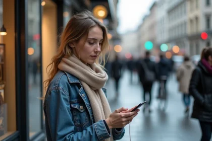 Jeune femme curieuse avec smartphone dans une rue urbaine