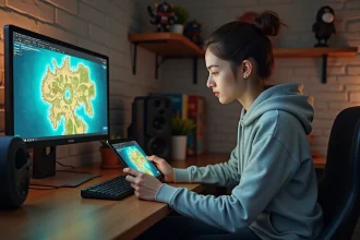 Jeune femme examine un portail Dofus sur sa tablette dans une salle de gaming