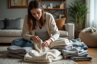 Jeune femme triant des vêtements dans un salon moderne