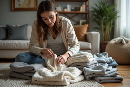Jeune femme triant des vêtements dans un salon moderne
