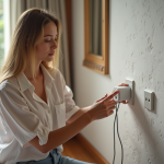 Jeune femme voyageuse examine un adaptateur électrique dans une chambre balinaise