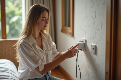 Jeune femme voyageuse examine un adaptateur électrique dans une chambre balinaise