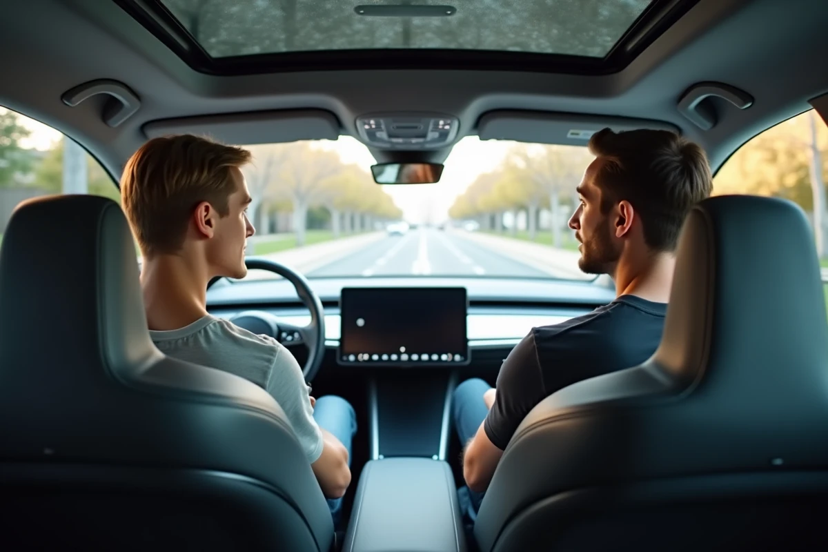 Jeune homme discutant dans une voiture autonome futuriste