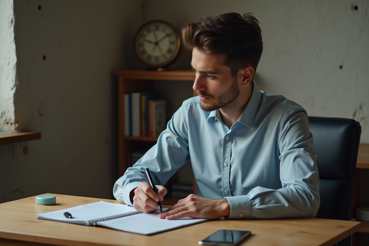 Jeune homme en bureau écrivant dans un carnet pour l