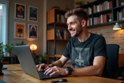 Jeune homme concentré sur son ordinateur dans une chambre gamer