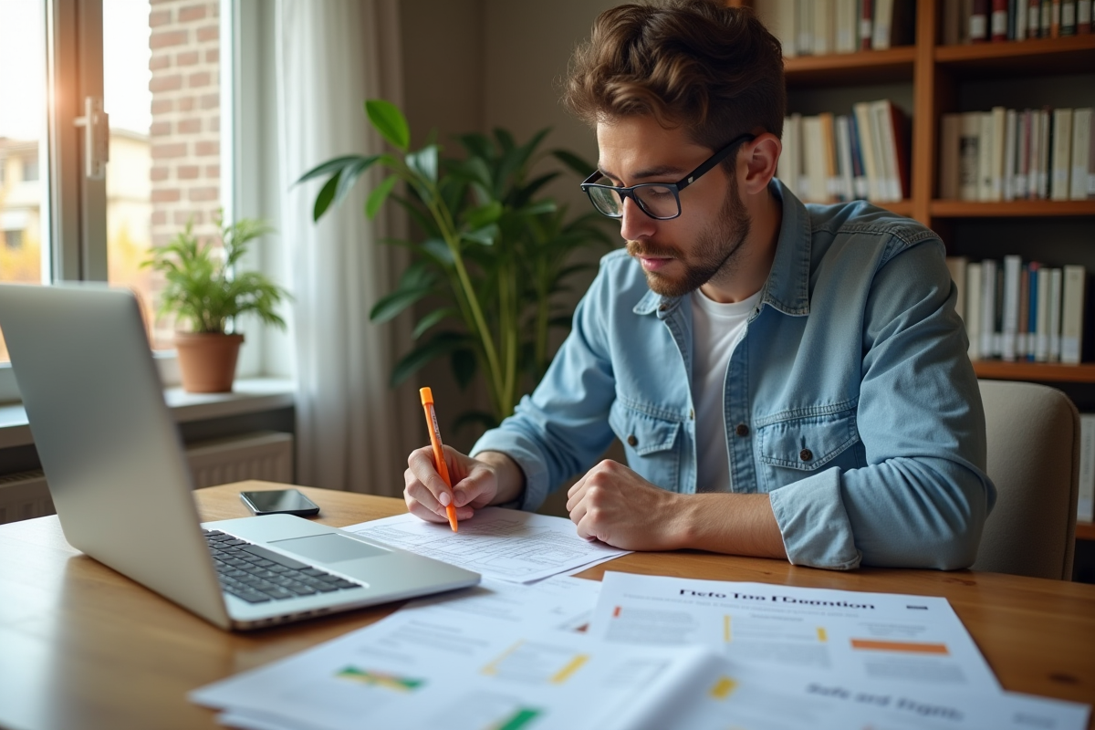 Jeune homme étudiant des documents d