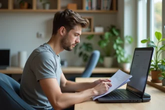 Jeune homme scannant des documents à la maison