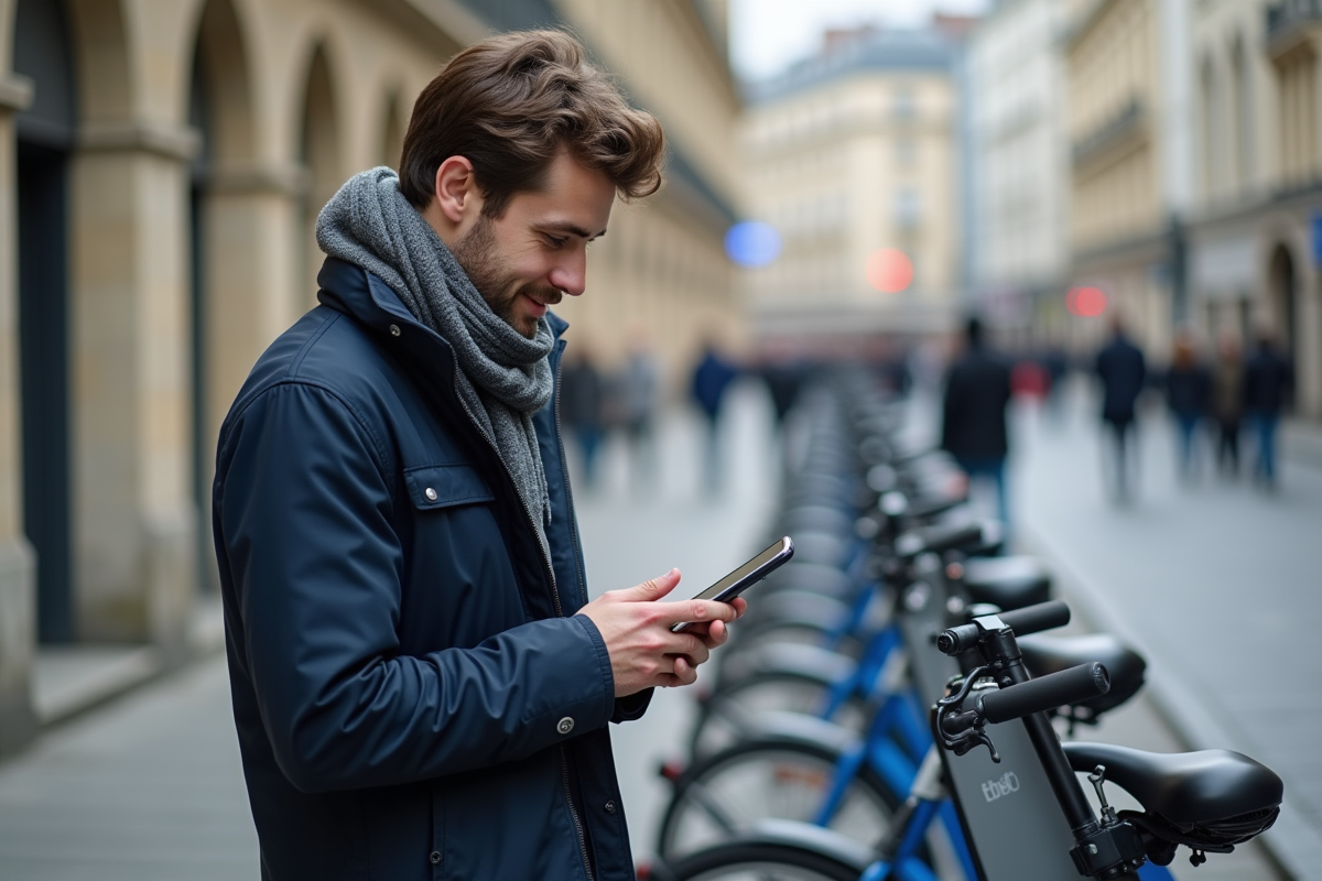 Jeune homme déverrouillant un vélo en ville
