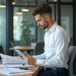Jeune professionnel en bureau organisant des documents