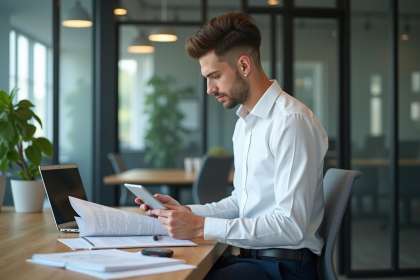 Jeune professionnel en bureau organisant des documents