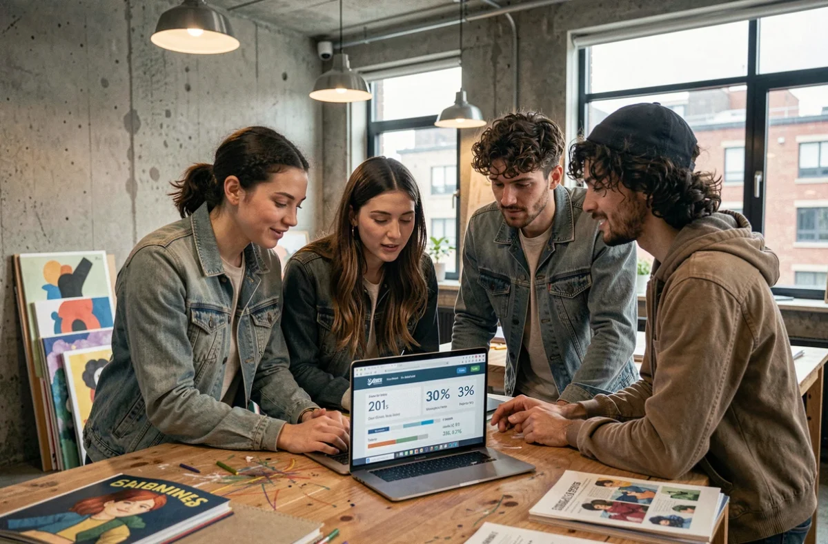 Groupe de jeunes artistes comparant des salaires sur un ordinateur dans un espace de coworking